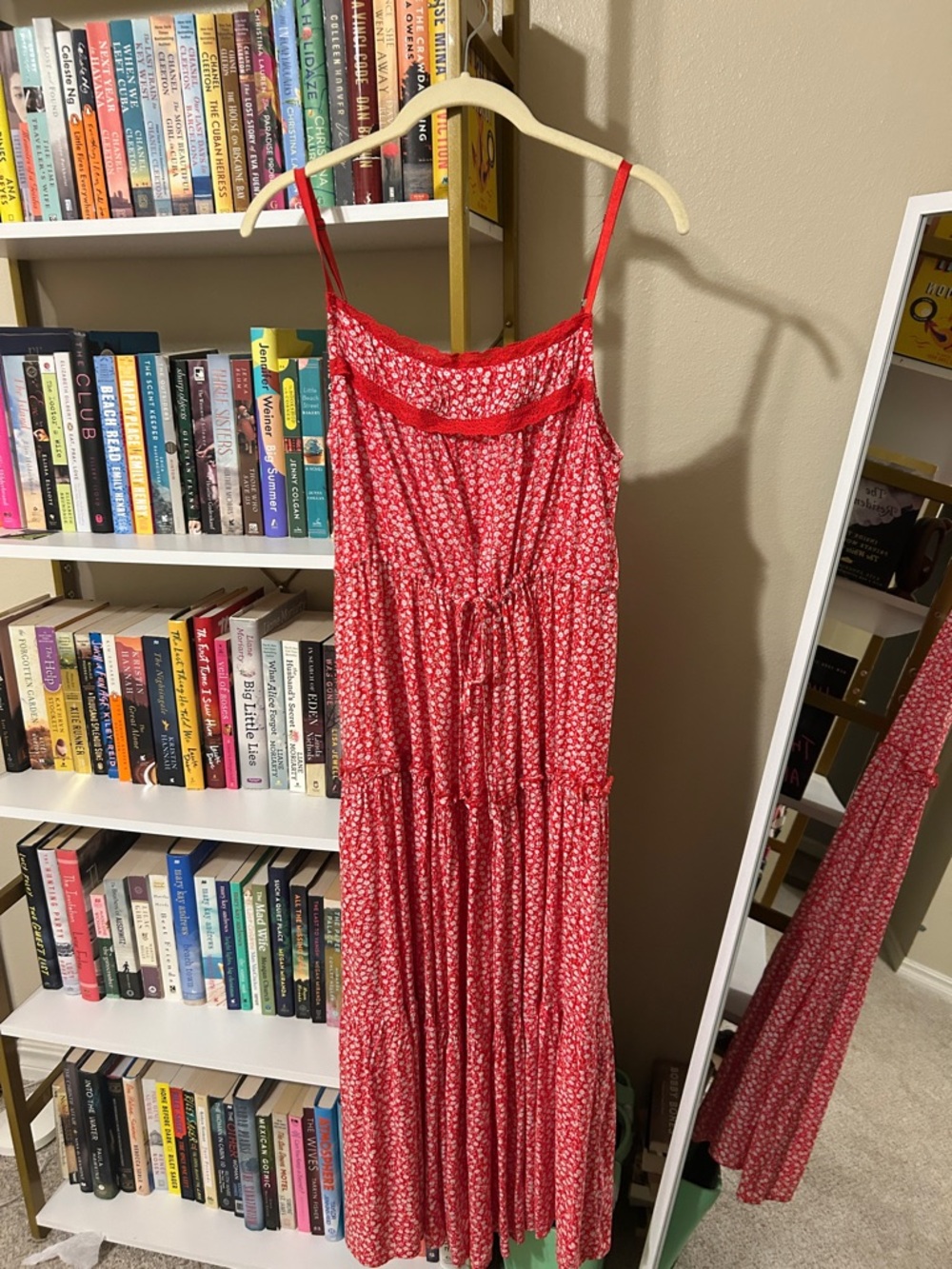 Red Floral Maxi Dress with Lace Trim